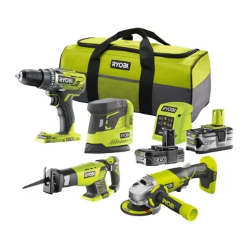 Ryobi ONE+18V 4-delig Combokit – Boormachine, Slijper, Reciprozaag & Palmschuurmachine – Incl. 4,0 Ah + 2,0 Ah Accu & Lader