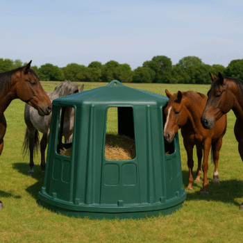 Vier paarden rond een zeshoekige hooiruif van groene hars, geplaatst in een groen veld.