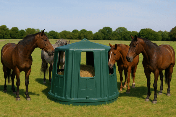 Vier paarden rond een zeshoekige hooiruif van groene hars, geplaatst in een groen veld.